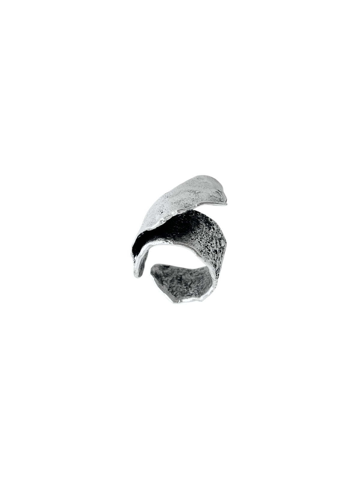 A textured silver ring with a unique, organic split-band design, shown on a plain white background.
